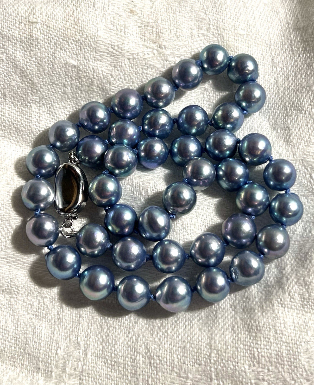 Japanese Blue Saltwater Akoya Pearl 15.25” Necklace 7.4-7.9mm St Silver Clasp