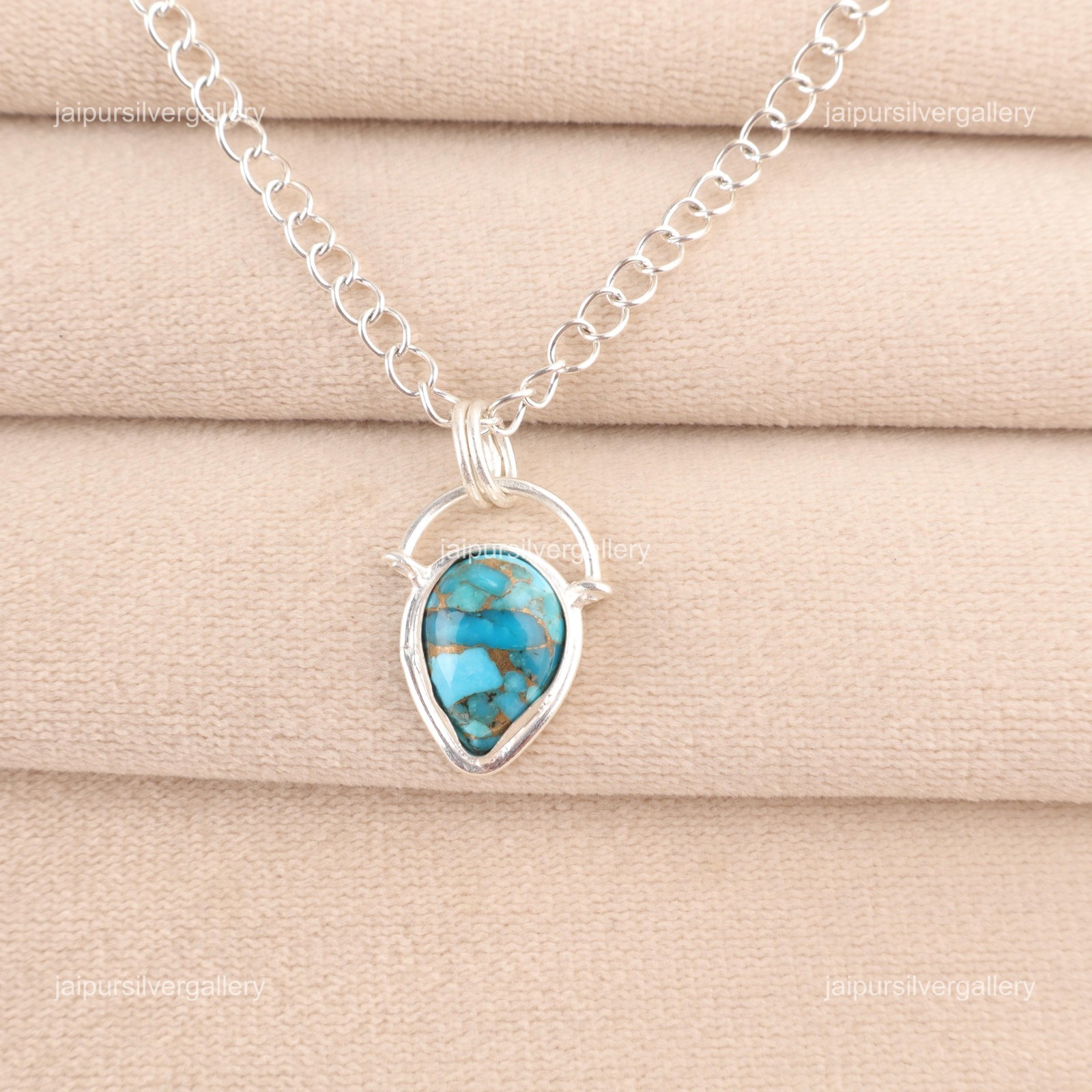 925 Silver Blue Copper Turquoise Gemstone Jewelry Handmade Pendant 1.01″ For Her