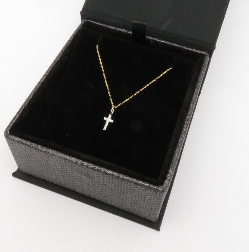 14K SOLID YELLOW GOLD TINY NATURAL DIAMOND CROSS DAINTY PENDANT NECKLACE MINI