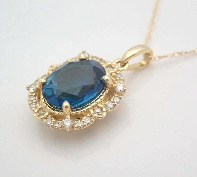 2Ct Oval Cut Lab Created London Blue Topaz Halo Pendant 14K Yellow Gold Plated