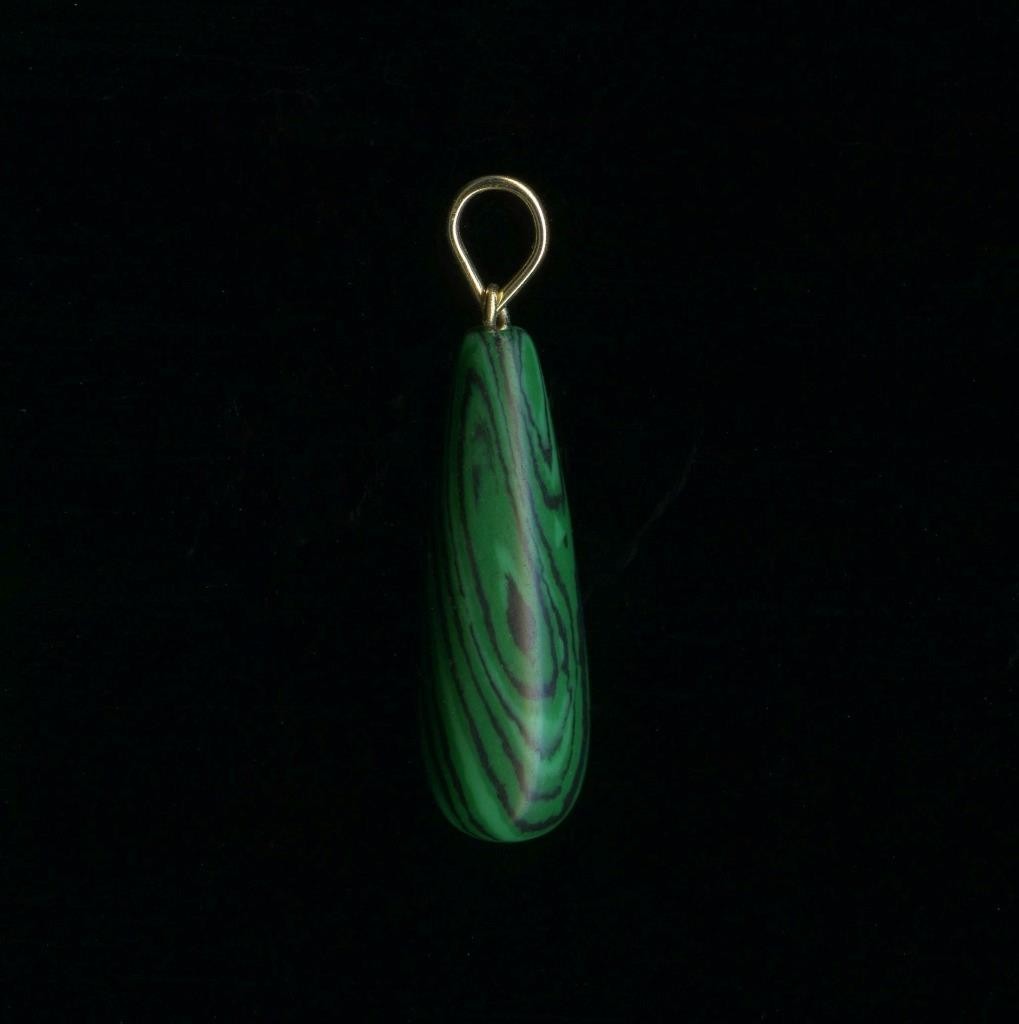 14K 1.5 Gram Solid Yellow Gold 23mm Briolette Pear Green Malachite Pendant a2cp