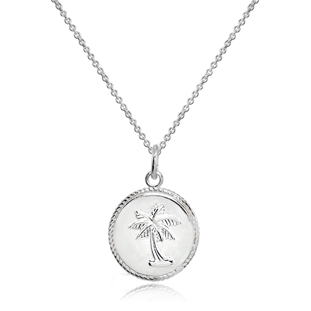 Palm Tree Summer Medallion Coin Round Polished Sterling Silver Pendant Necklace