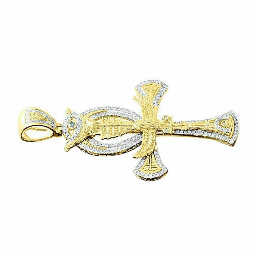1Ct Lab Created Diamond Horus Eagle Ankh Cross Pendant 14K Yellow Gold Finish