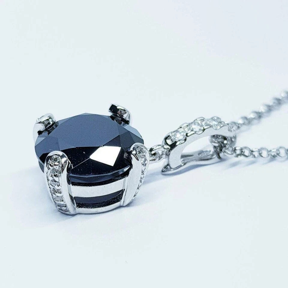 2 Ct Round Cut Black Diamond Pendant 18″ Free Chain 14K White Gold Finish