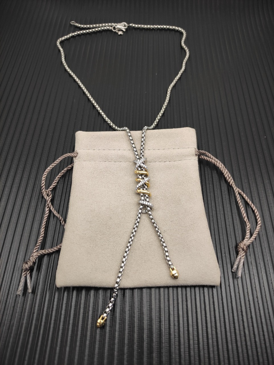 David Yurman Intertwined Lariat Pendant 925Silver 18K Gold Diamond Necklace 55cm
