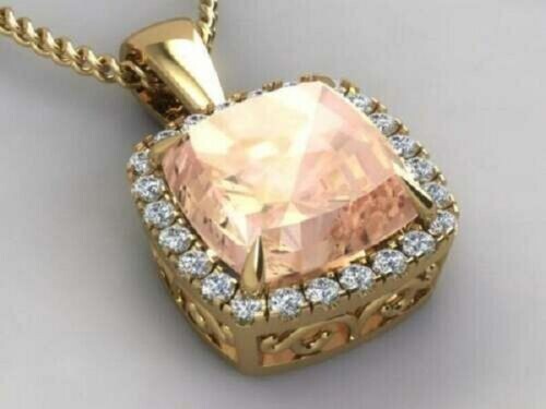 2.50Ct Cushion Cut Morganite Women’s Halo Pendant Necklace 14K Rose Gold Finish