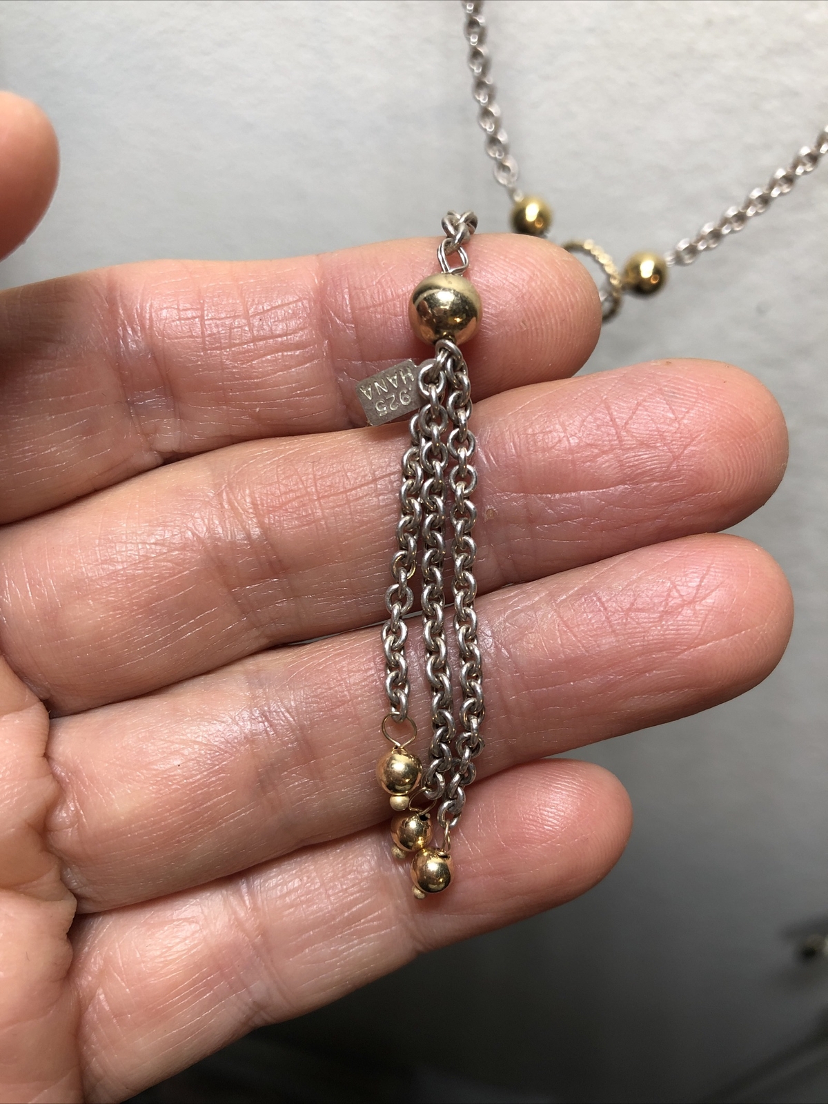 Vintage HANA Sterling Silver 925 Gold 14K Ball Lariat Tassel Necklace, 13.7g