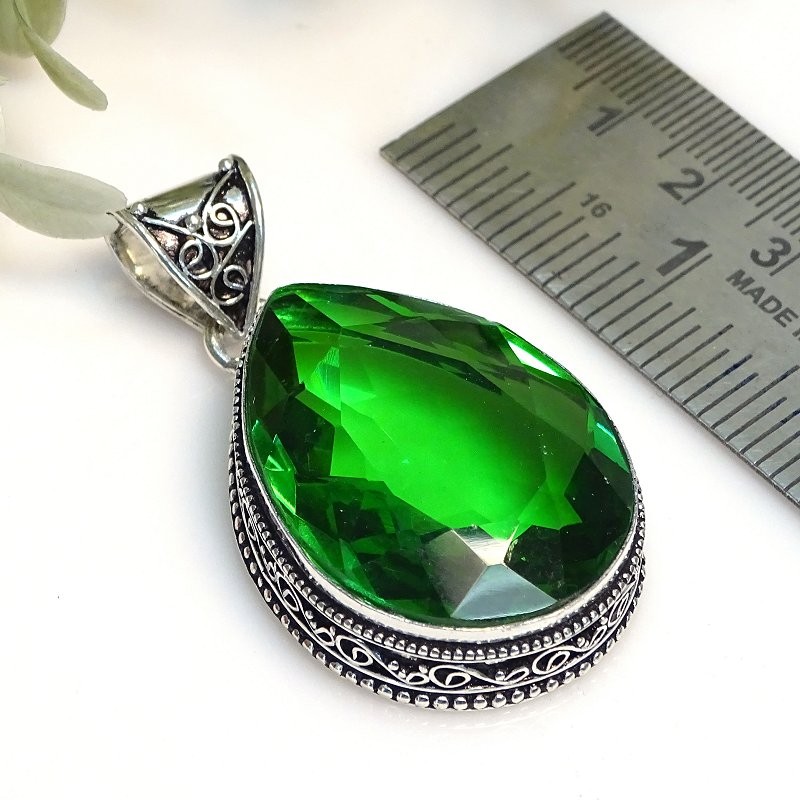Faceted Tsavorite 925 Sterling Silver Pear Gemstone Vintage Pendant 2.2″ PG 2279