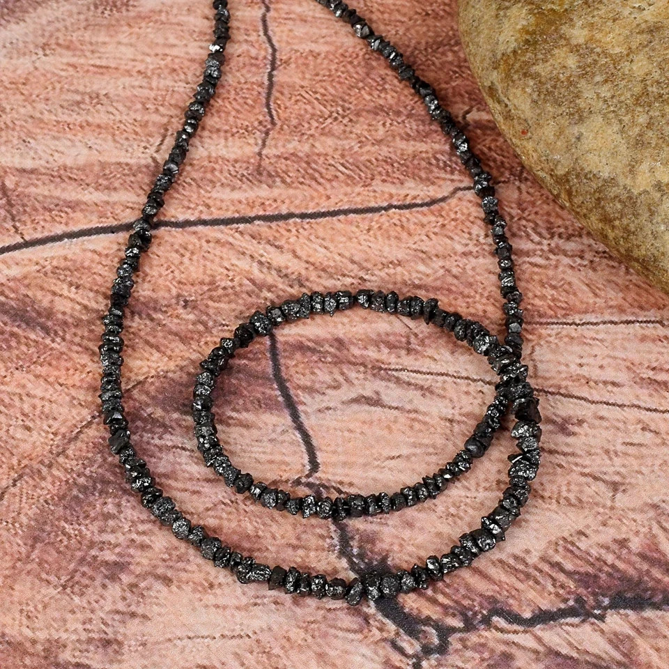 Natural Rough Black Diamond Nugget Beads Necklace Handmade 925 Sterling Silver