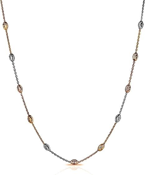 925 Sterling Silver Tri Color 3MM Diamond Cut Station Oval Moon Bead Necklace