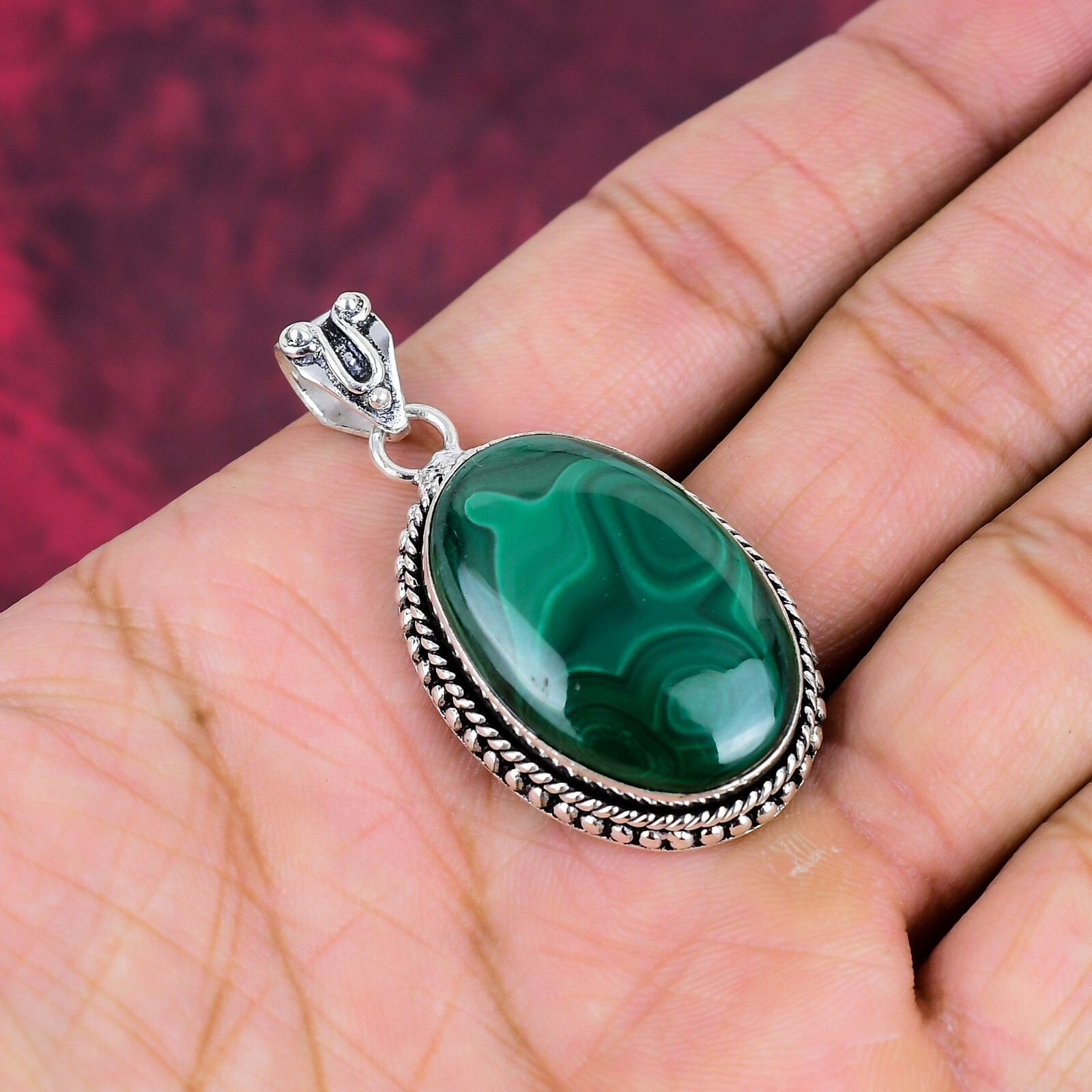 Beautiful Malachite Gemstone Handmade 925 Sterling Silver Pendant Jewelry