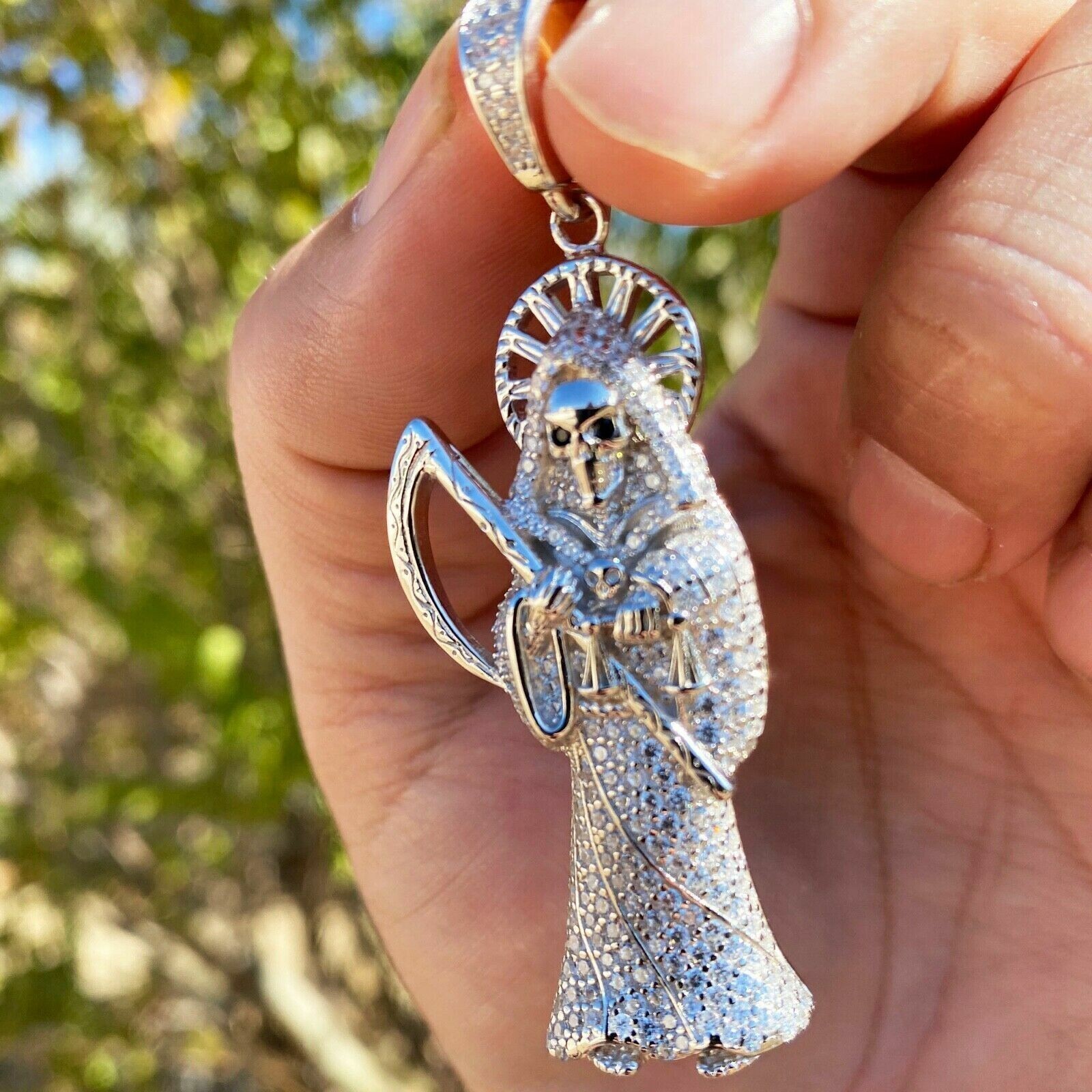 2Ct Lab Created Diamond Santa Muerte Pendant 14K White Gold Plated Free Chain
