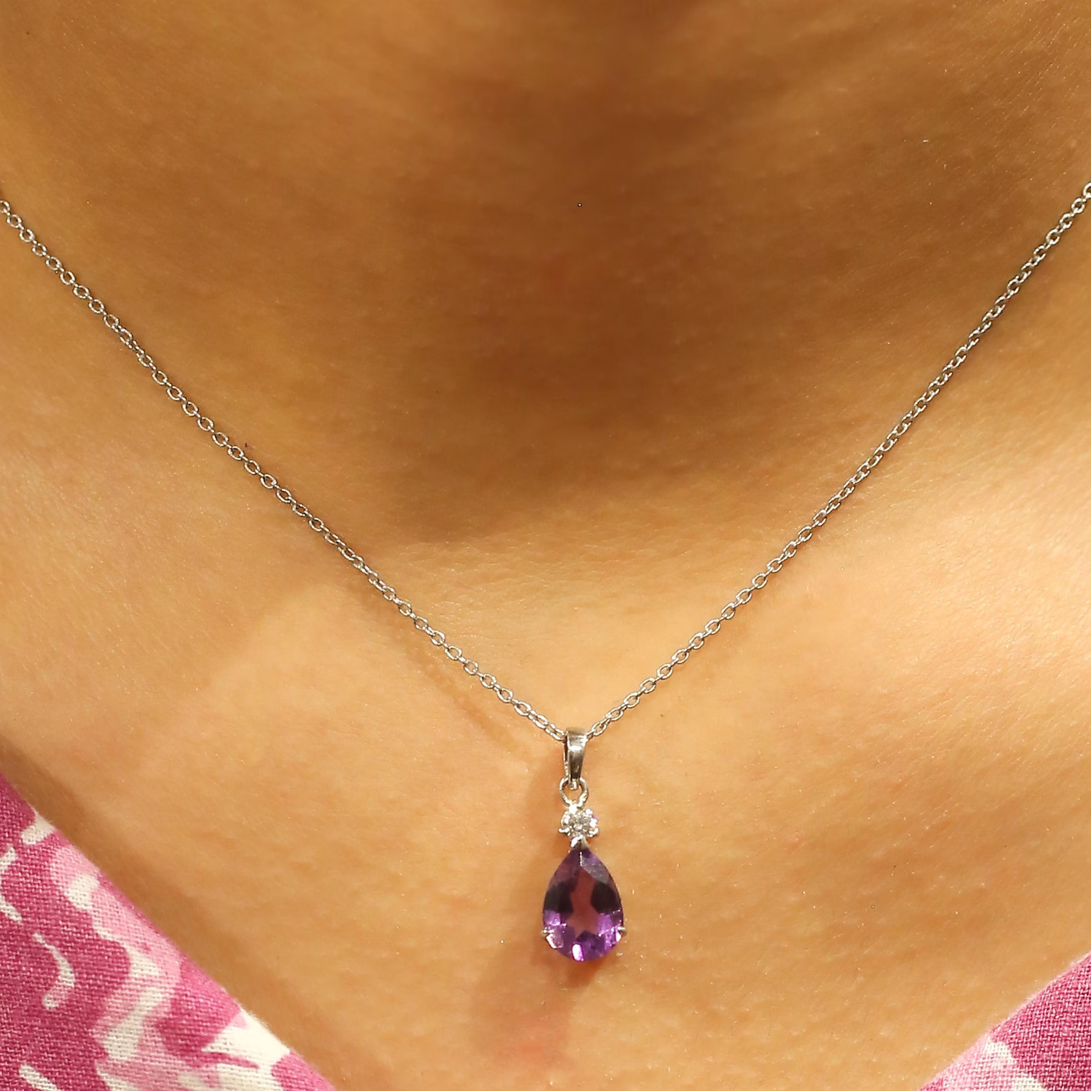 4.25 Ct. Pear Cut Natural Amethyst Diamond Pendant 14K White Gold 001