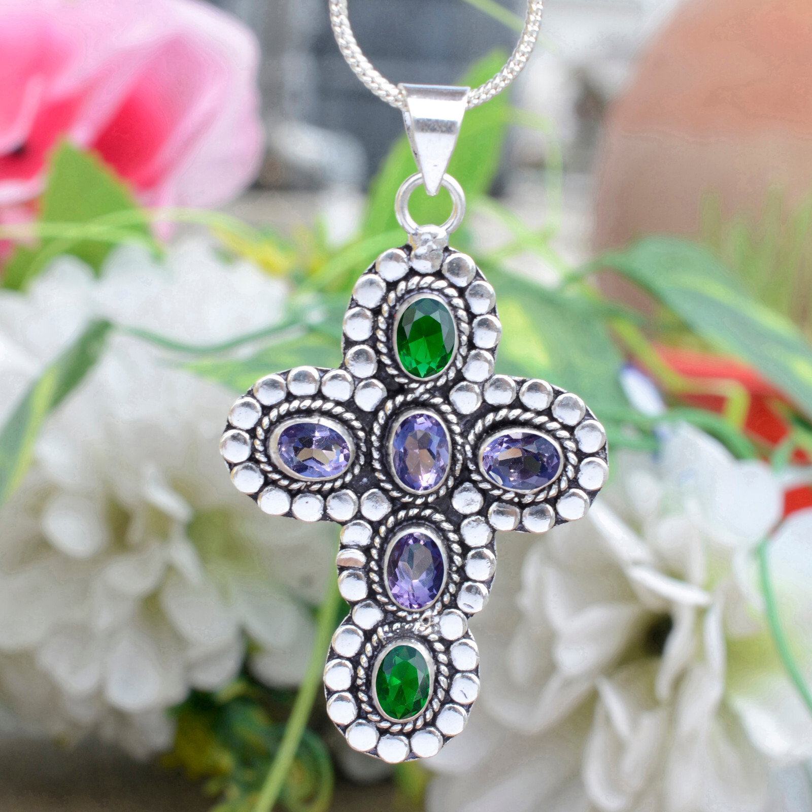 Amethyst Cut & Diopside Gemstone Pendant 925 Sterling Silver Beauty Art Cross