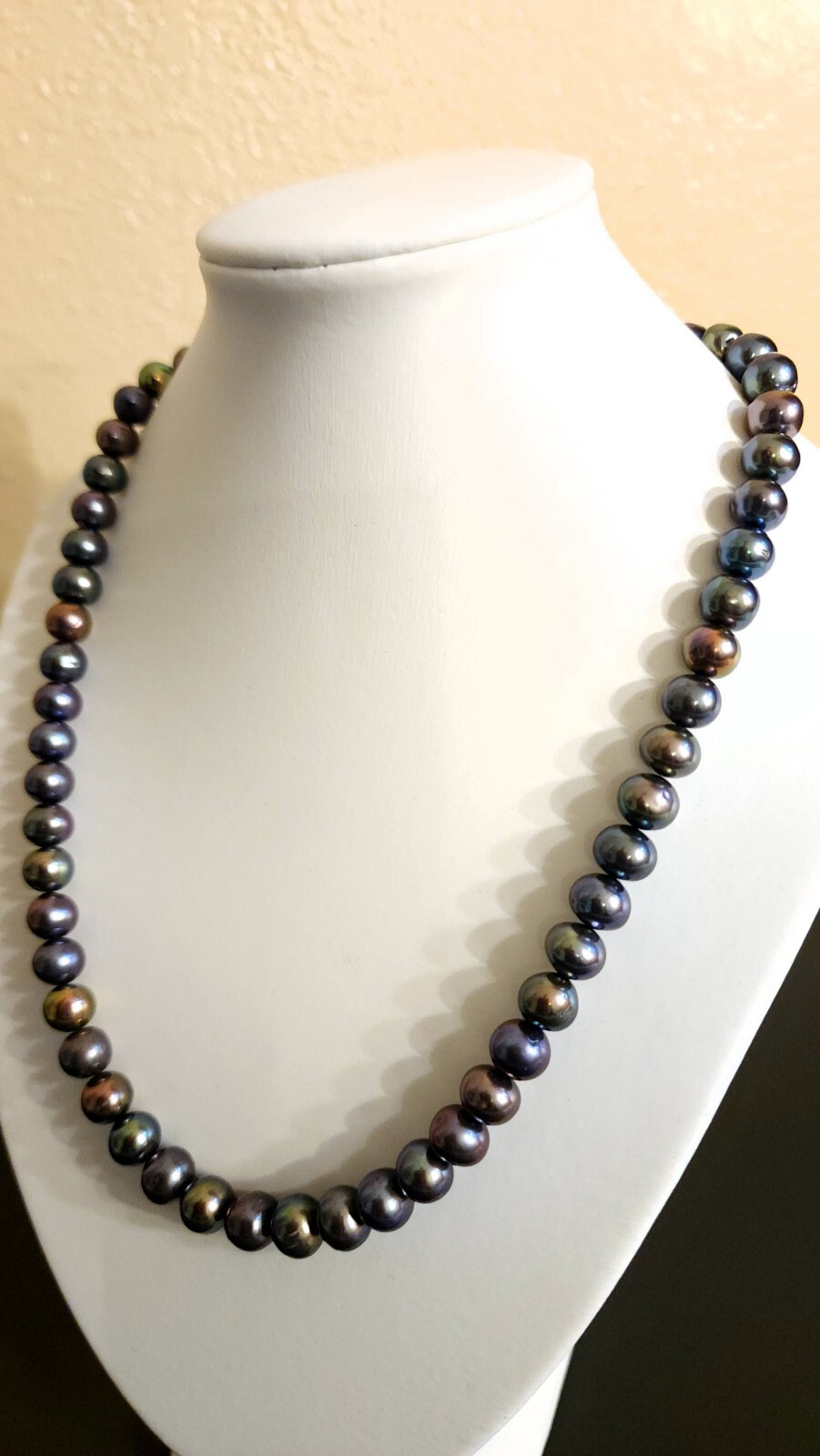 14k White Gold Multicolor Peacock Black Green Blue Tahitian Pearl Necklace 9mm