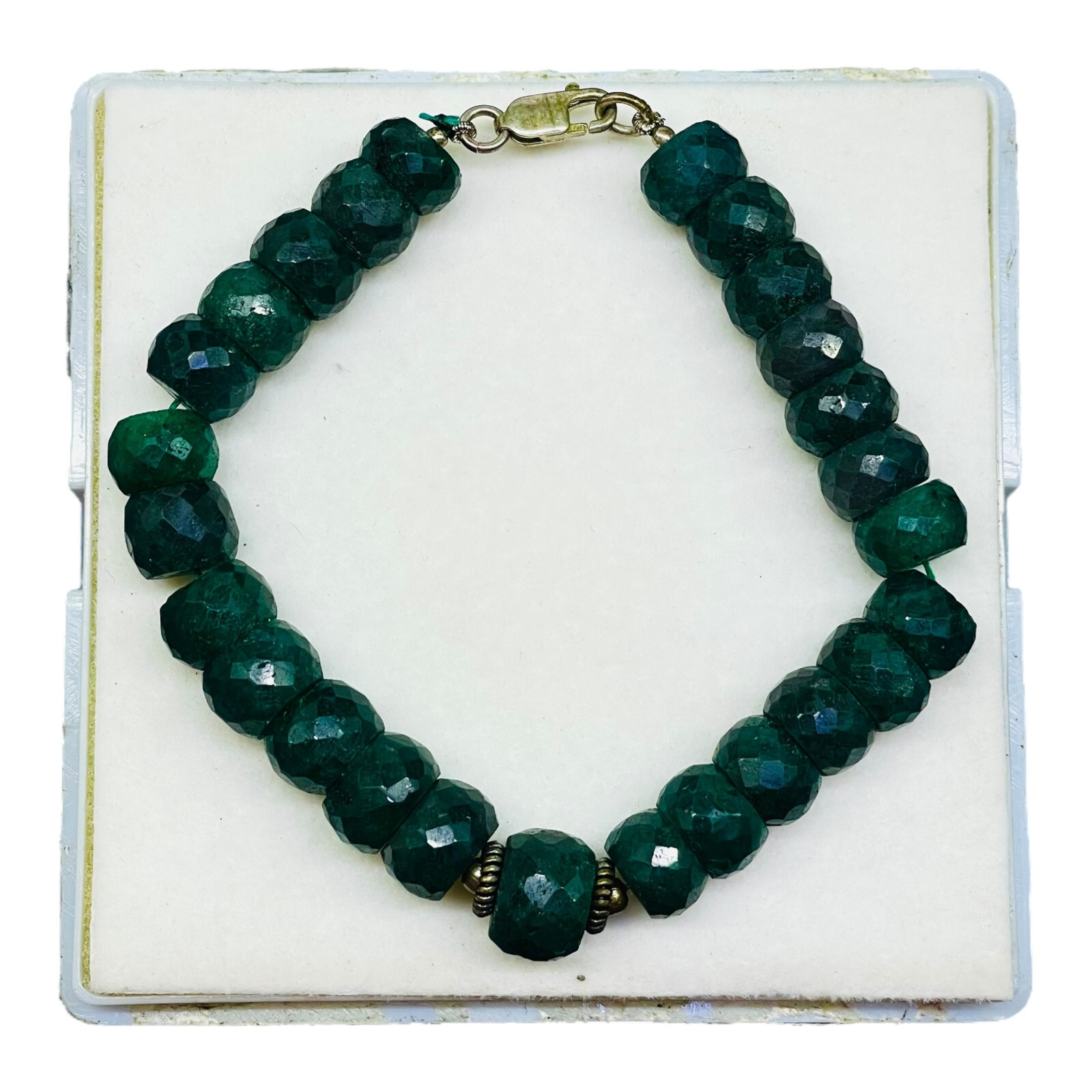 7.5 Inch Natural Green Sapphire Bracelet 10-11.5mm Facetted Beads 925 Clasp