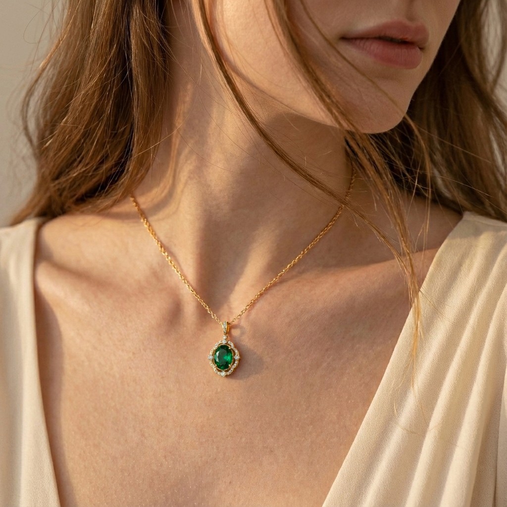 Oval Emerald Pendant Necklace, Green Emerald Halo Necklace, May Birthstone Gift