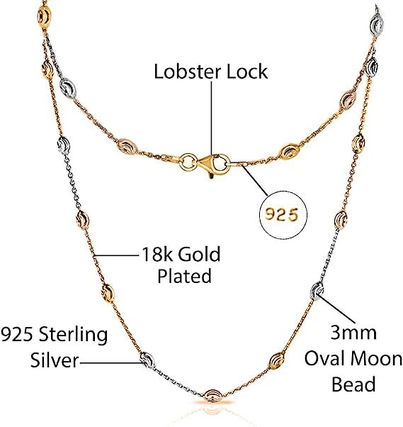 925 Sterling Silver Tri Color 3MM Diamond Cut Station Oval Moon Bead Necklace