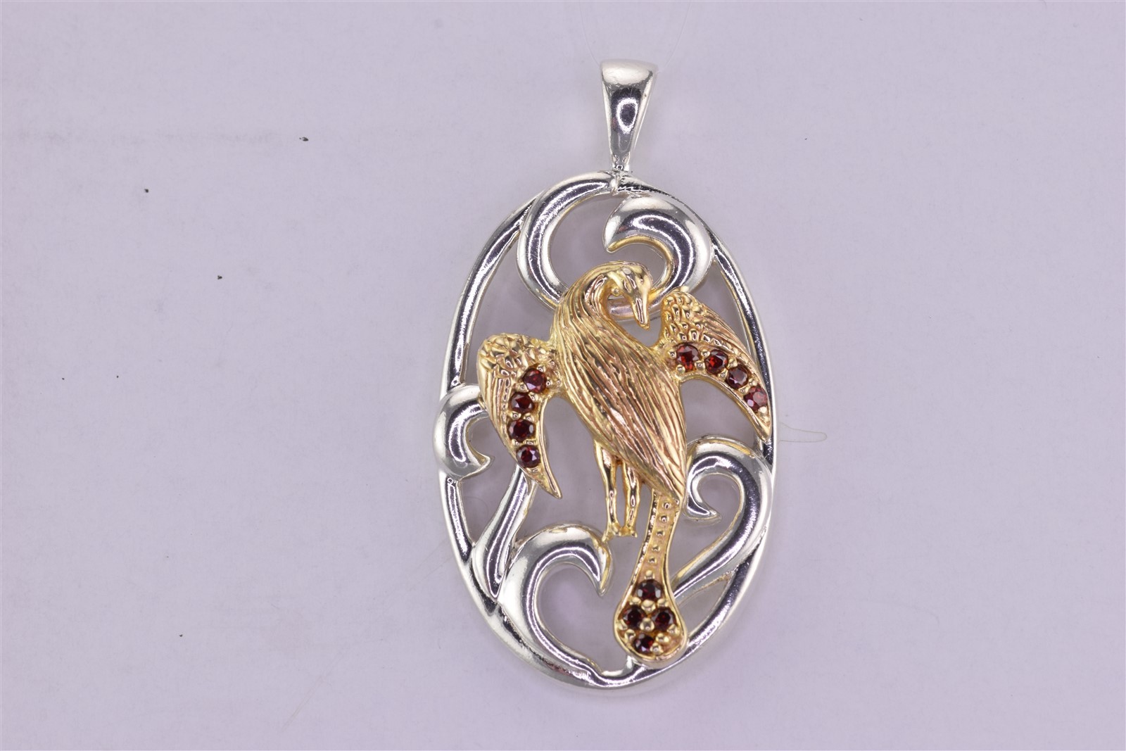 Two Tone Sterling Silver 36mm x 23mm Red Garnet Bird Openwork 925 Pendant