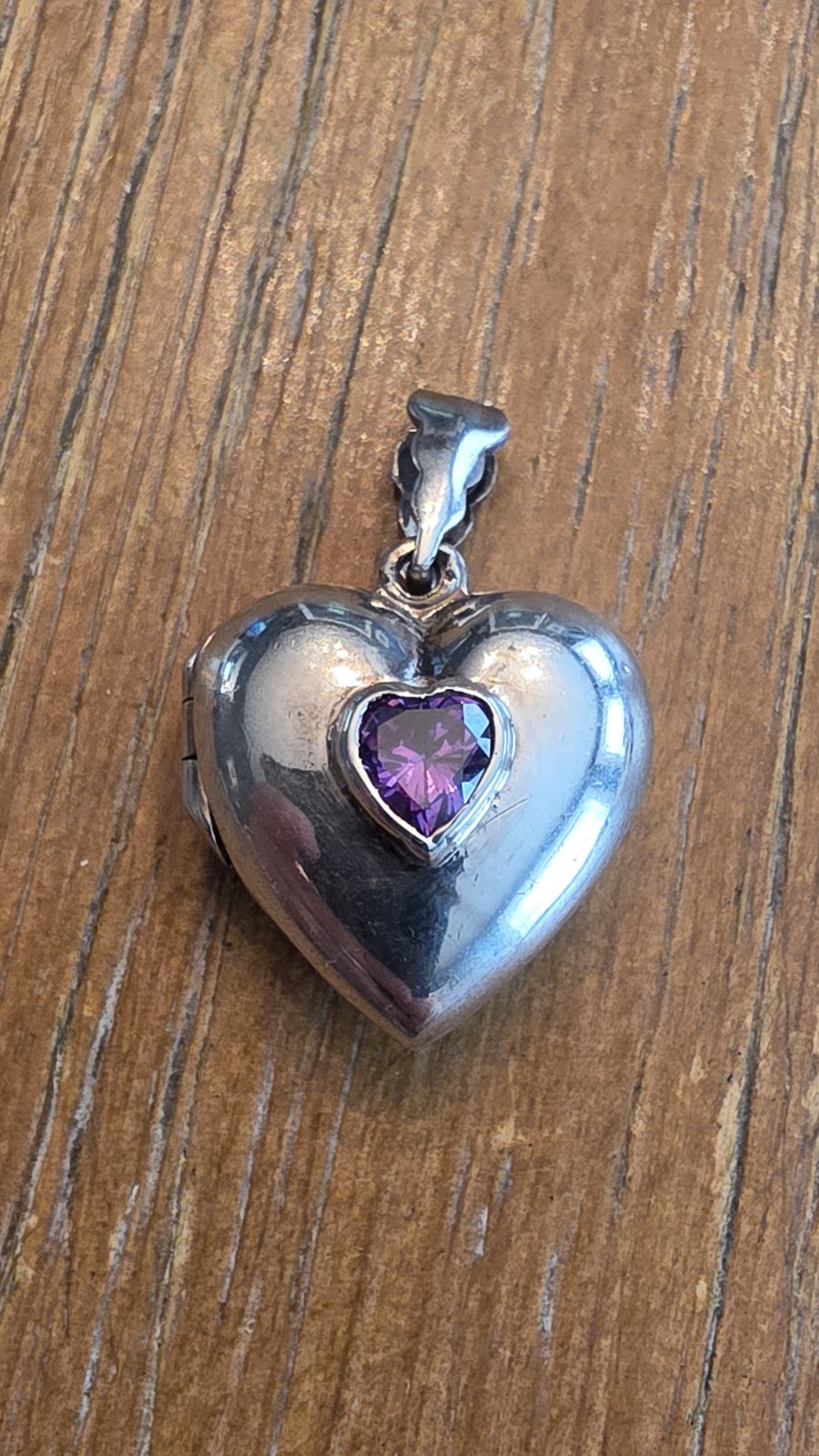 Sterling Silver .925 Puffy Heart Locket Pendant With Amethyst Stone