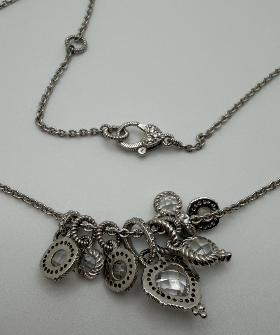 Judith Ripka 925 Sterling Silver Adjustable Charm Necklace 20″ Clear Stones
