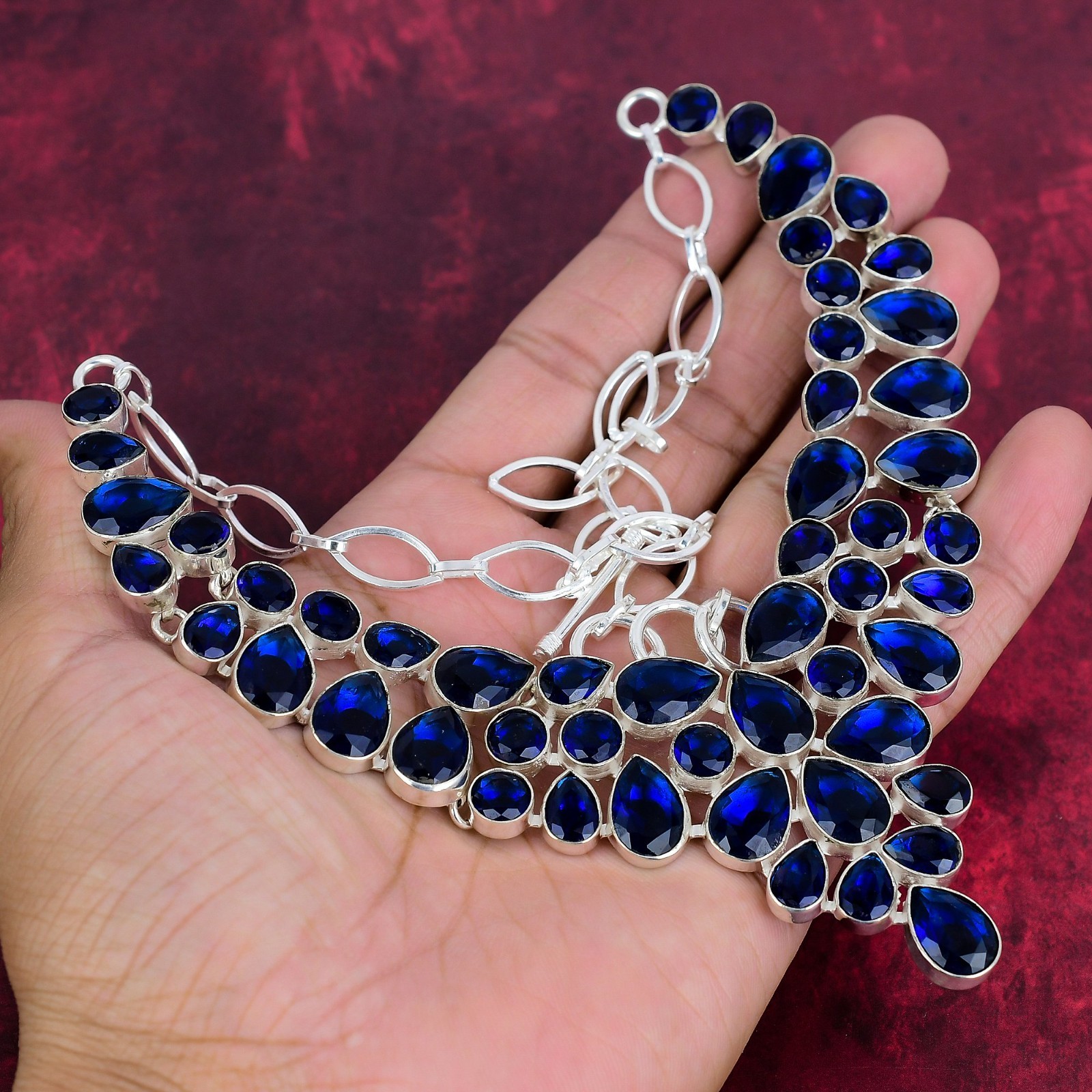 Blue Sapphire Lab-Created Handmade Gemstone 925 Sterling Silver Necklace Jewelry