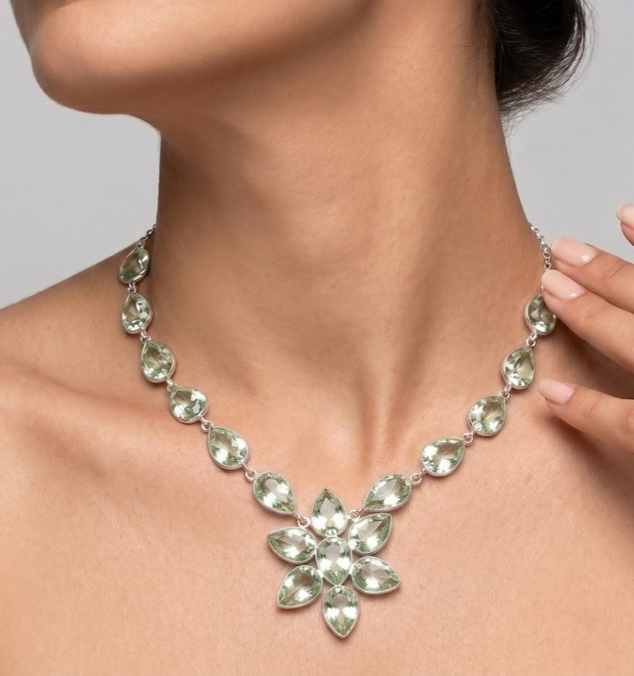 925 Sterling Silver Green Amethyst Gemstone Handmade Jewelry Necklace Size-18″