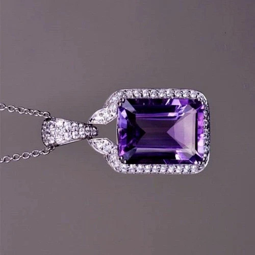 Lab-Created Amethyst 2.10Ct Emerald Cut Halo Pendant 14K White Gold Plated Chain