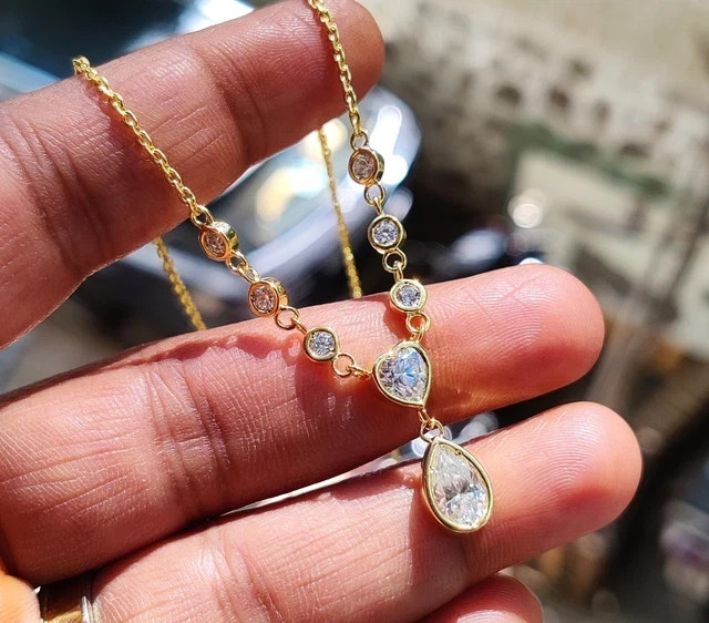 2.90Ct Pear Cut Lab-Created Diamond Necklace 14K Yellow Gold Plated Silver 18″