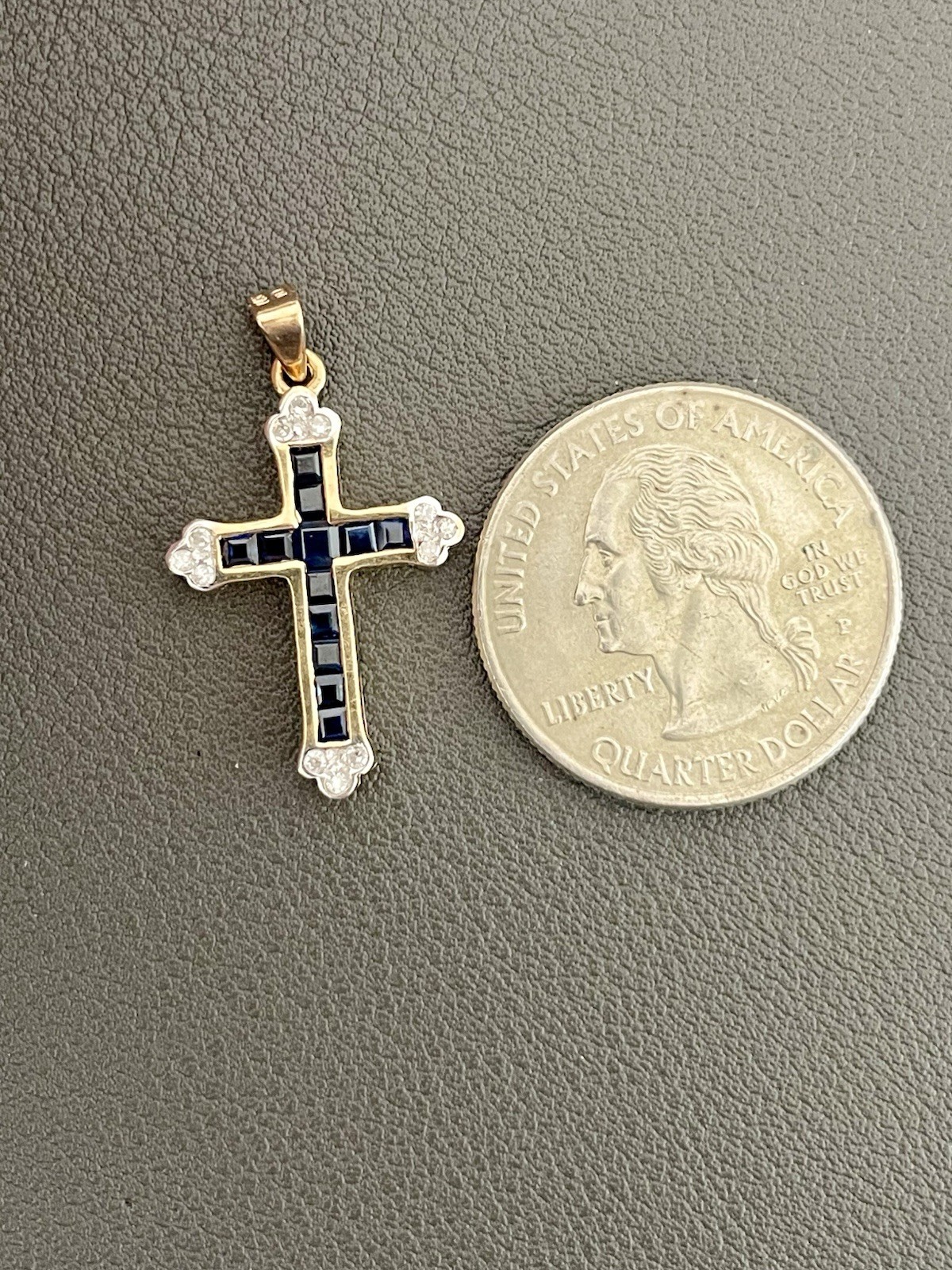 14KT Y/W Gold 1.00CTW Blue Sapphire & 0.12CTW Diamond Cross Pendant (K142)