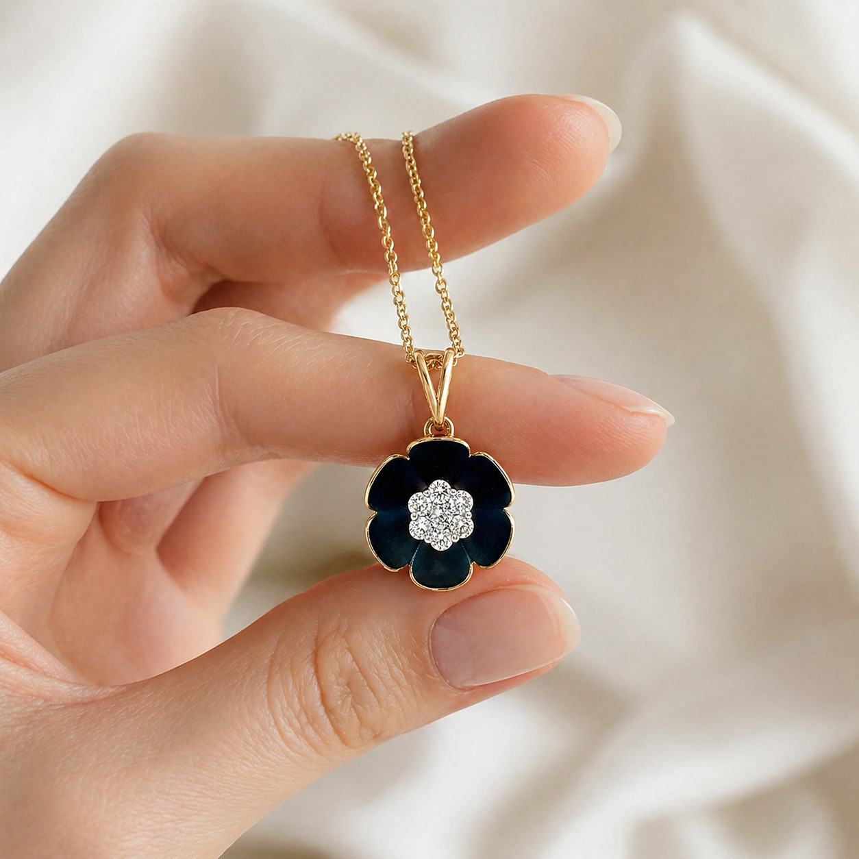 Natural Diamond Floral Pendant Necklace – 14KY Gold Bridal Cocktail Anniversary