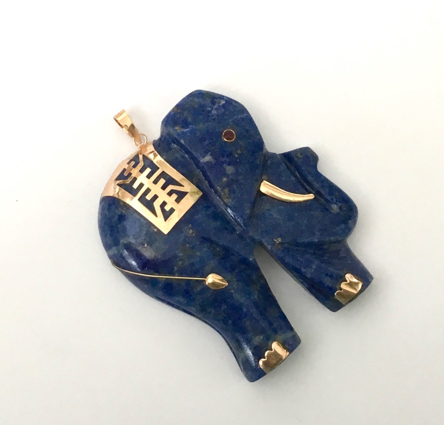 Amazing Extra Large Blue Lapis Elephant With Solid 14K Gold pendant NEW