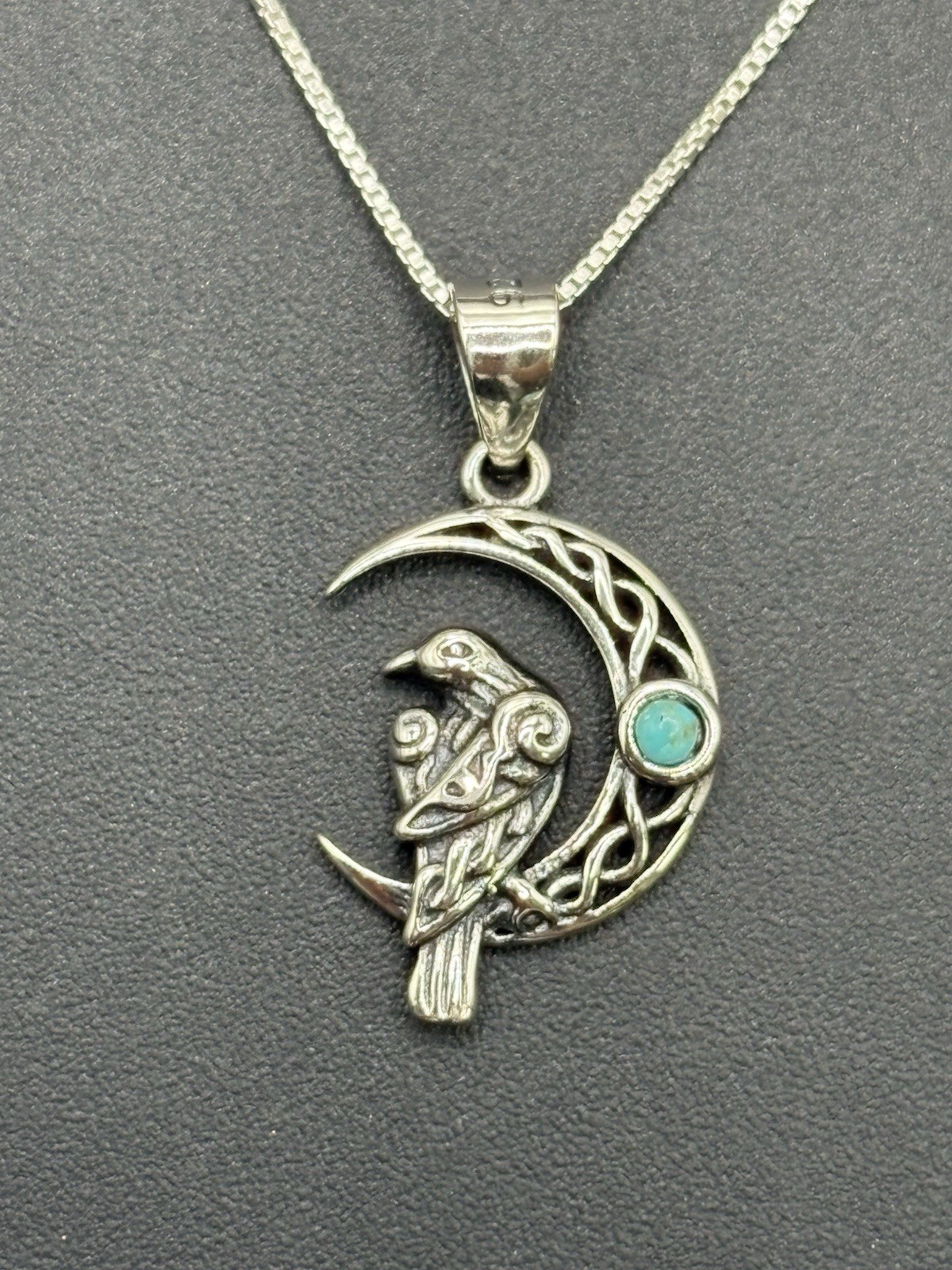 New Condition 18″ Sterling Silver Turquoise Celtic Bird Moon Pendant Necklace