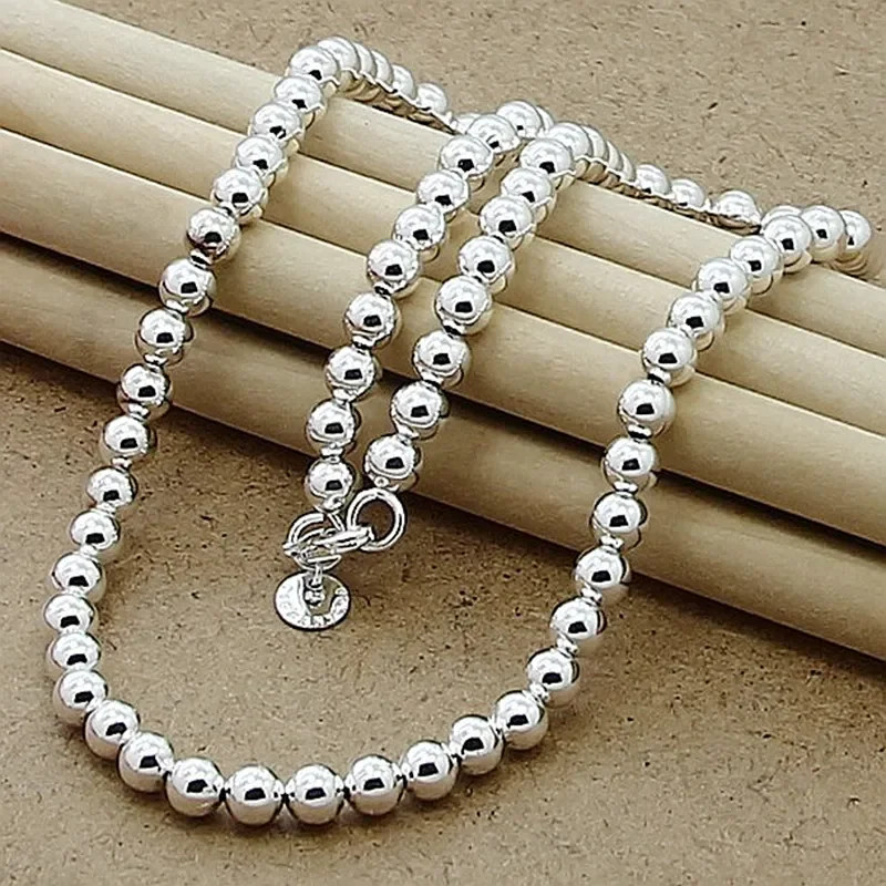 Sterling Silver 925 Smooth Beads Ball Chain Necklace Women 4MM 6MM 8MM
