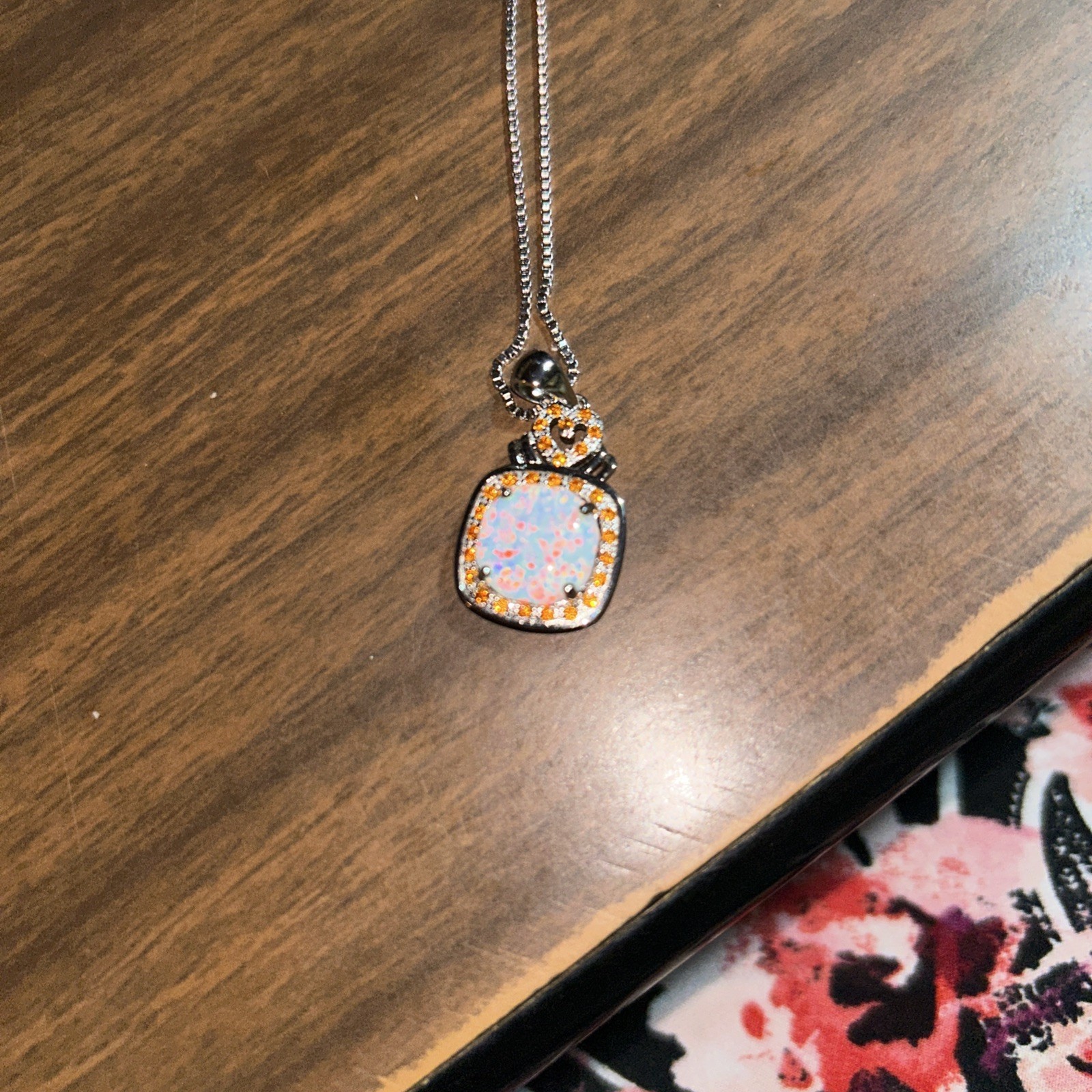 Square Cut Fire, Opal Cz Orange Halo Pendant Silvertone Box Chain 18 Inches ￼