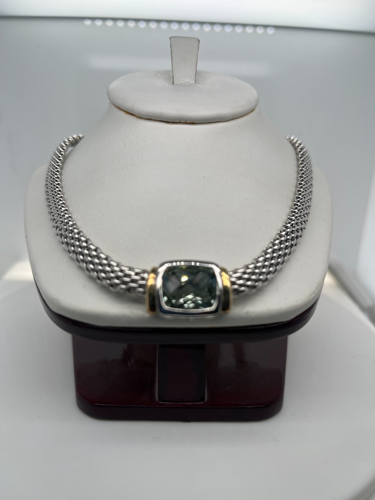 Ladies .925 Silver & 18KT EFFY 20.9 Gram 18″ Mesh Chain w/Green Amythest 4.7TCW