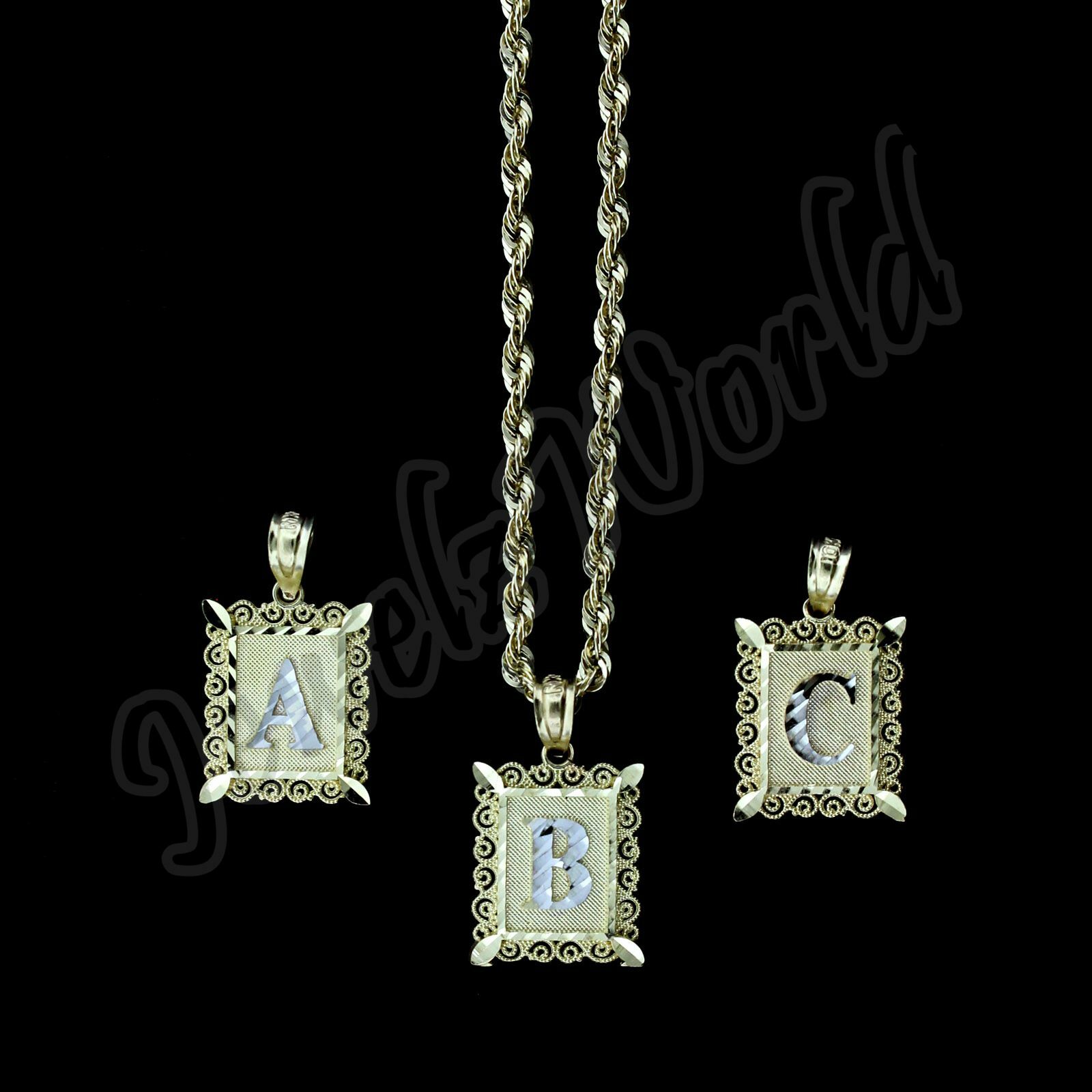 10K Solid Yellow Gold Initial Letter Plate Pendant A-Z Alphabet Charm Rope Chain
