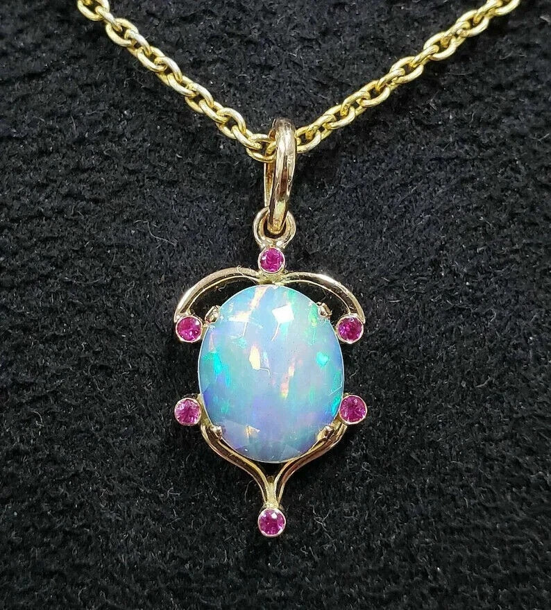 3Ct Oval Opal Ruby Diamond Solitaire Pendant With Chain 14K Yellow Gold Finish