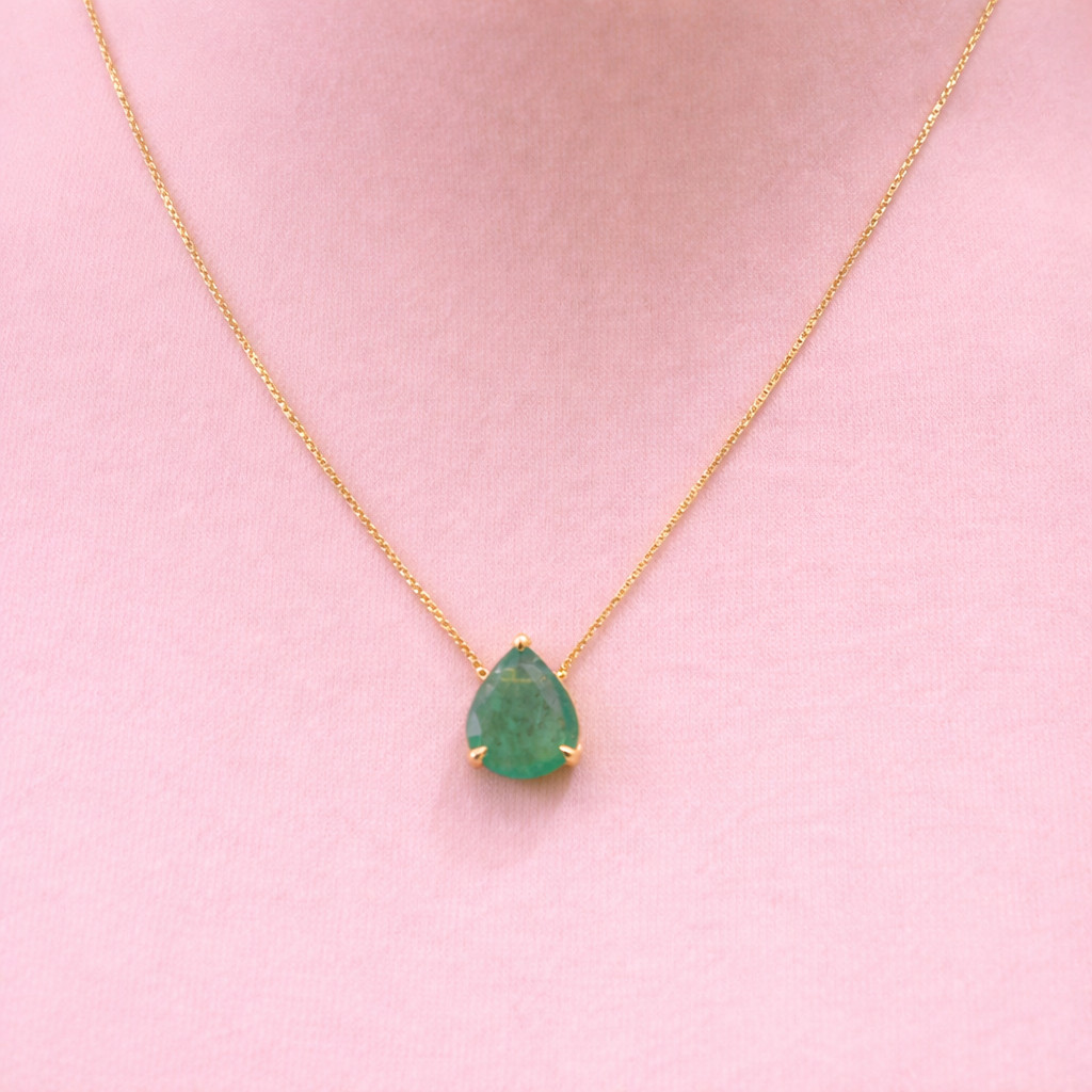 GDGL Certified Solitaire Pendant For Valentine Pear Cut Natural Emerald 14k Gold