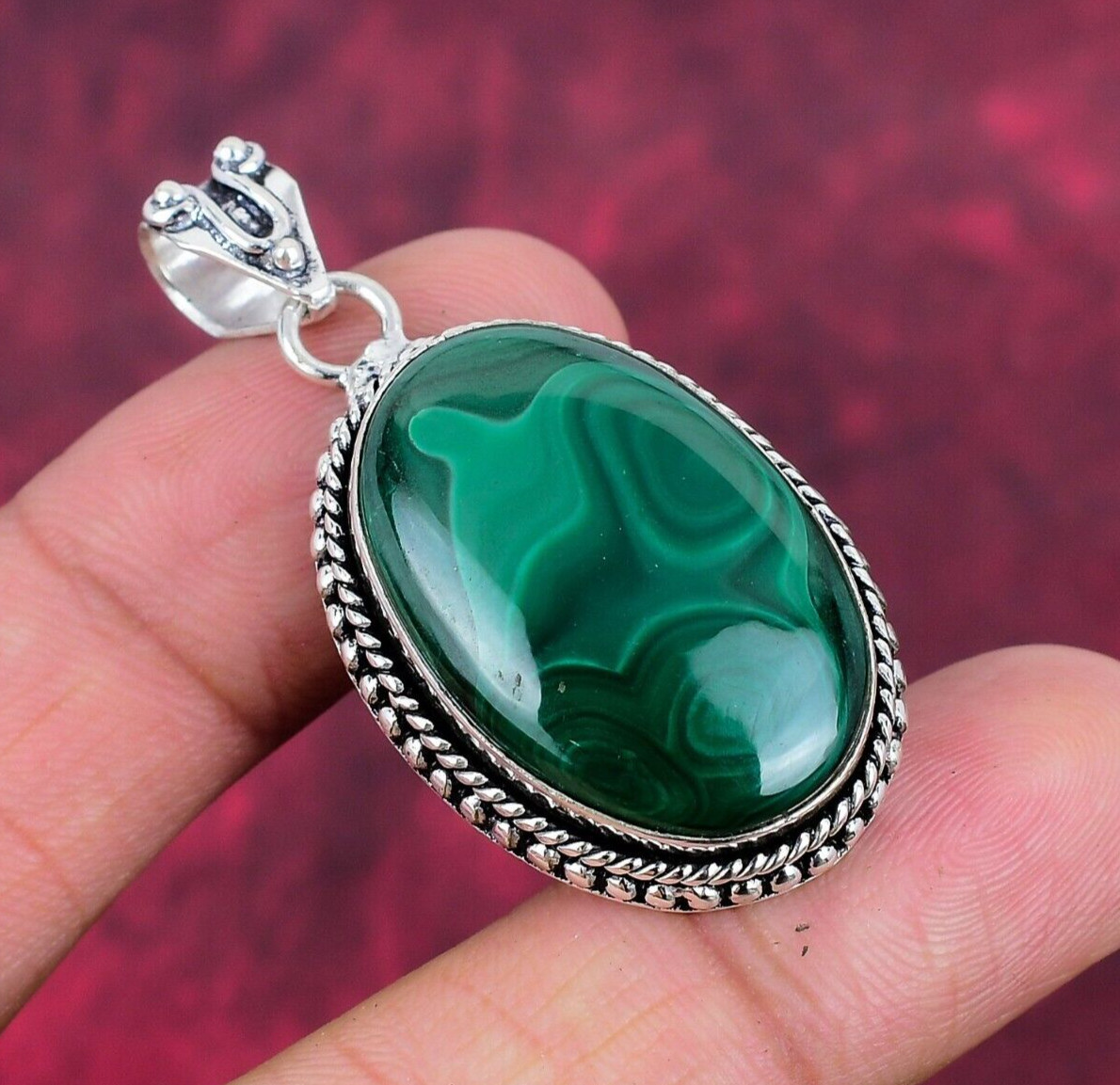 Beautiful Malachite Gemstone Handmade 925 Sterling Silver Pendant Jewelry