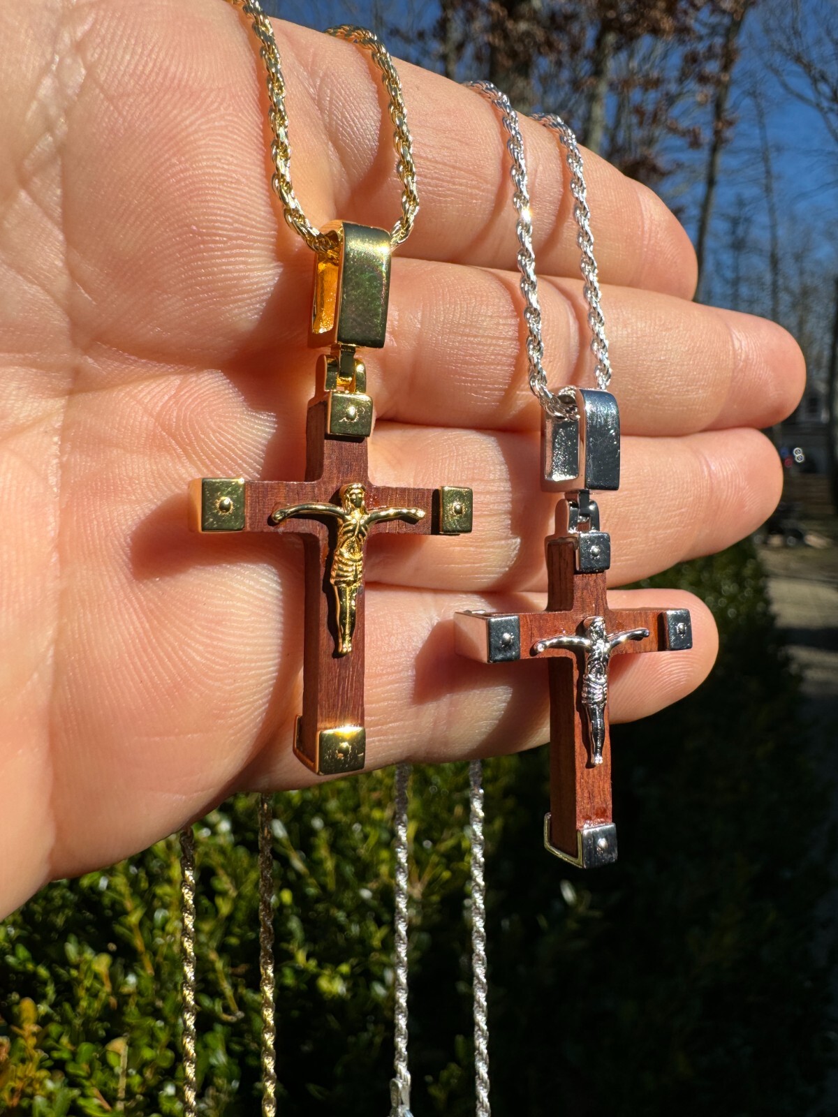 Small Plain Real 925 Silver & Natural Wood Jesus Cross Pendant Necklace 1.25″