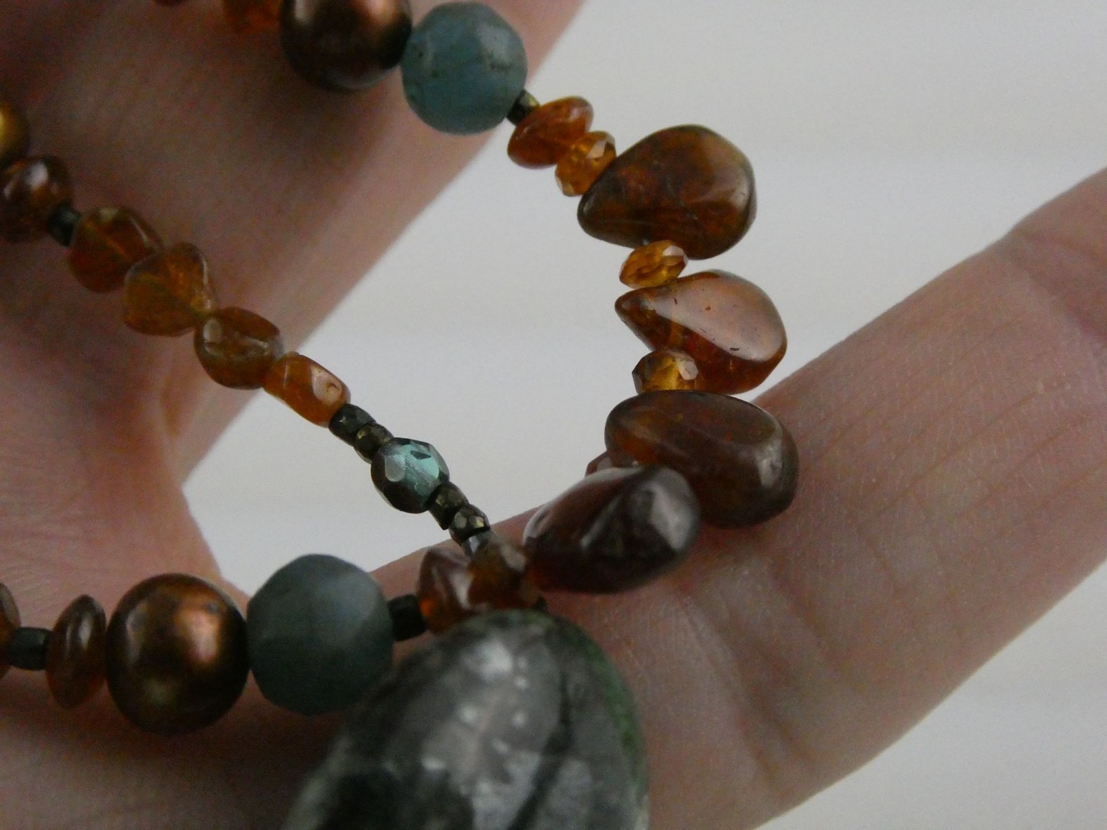 Sterling Silver Amber Chrysocolla Multi Gemstone Two Strand Necklace 17.5 In 19g
