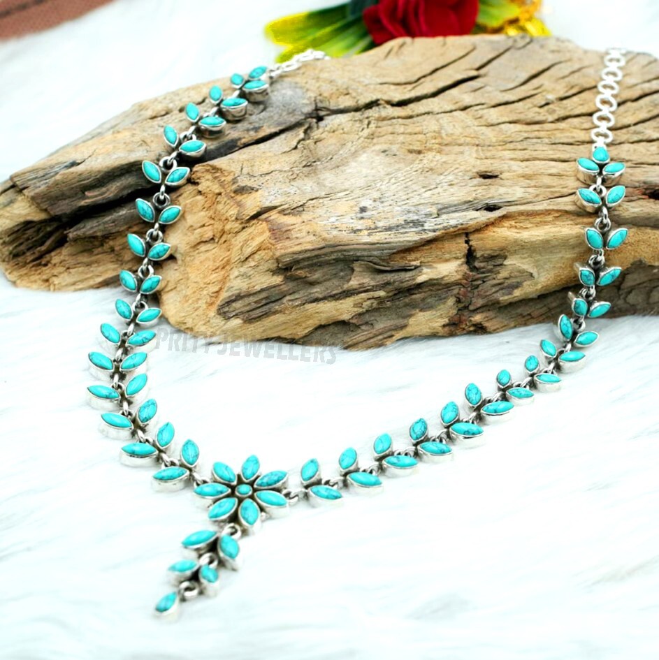 Natural Turquoise Necklace 925 Sterling Silver Handmade Gemstone Jewelry