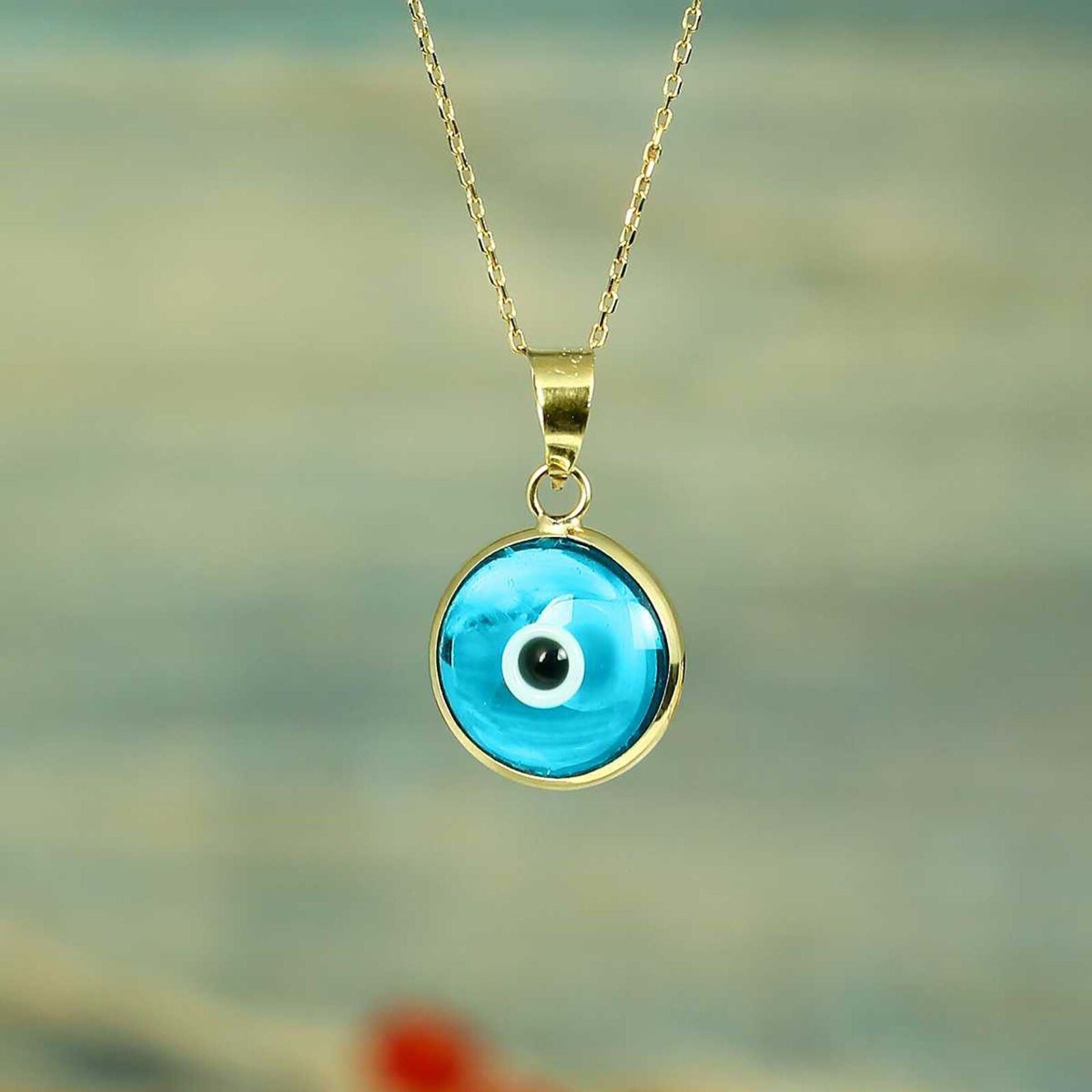 Real 14K Gold Evil Eye Charm,Good Luck Gift for Her, Authentic 14Kt Gold Pendant