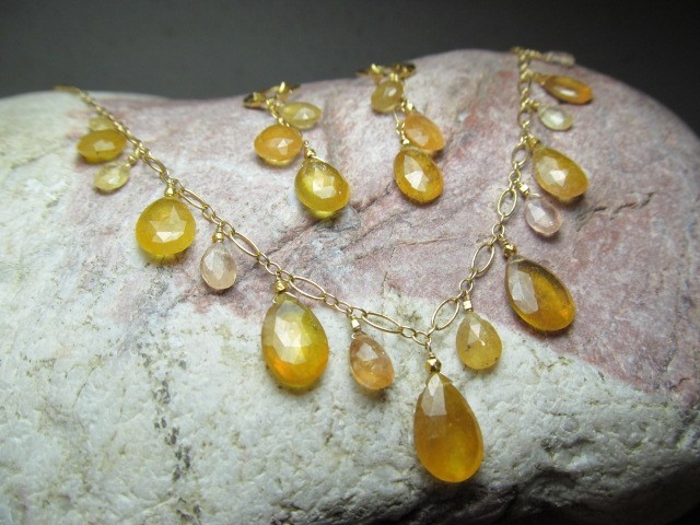 Sri Lanka Golden SAPPHIRE faceted briolette beads 14k Gold Filled Necklace set