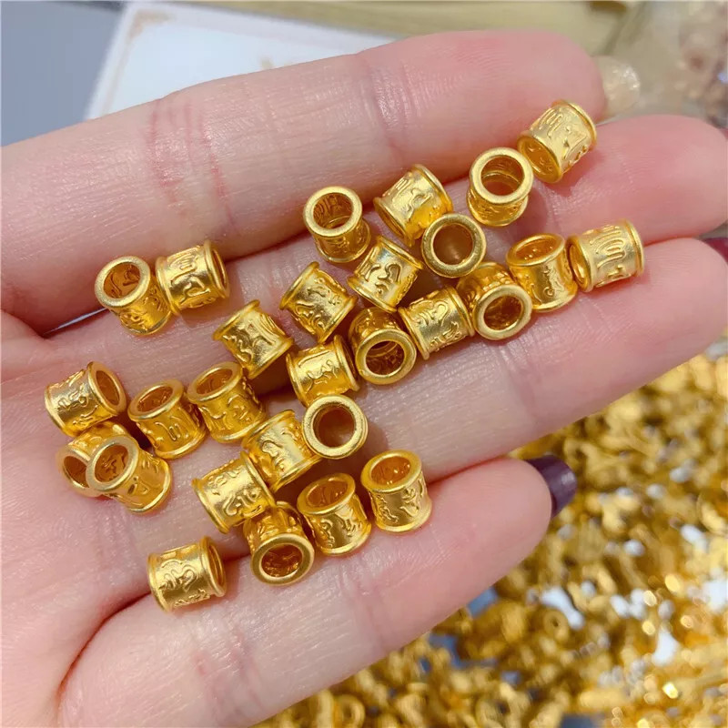 1pcs Pure 999 24K Yellow Gold Women 3D Lucky Six Words Long Tube Bead Pendant