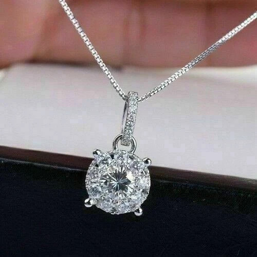 1.50Ct Round Cut Diamond Halo Pendant Free Chain Solid 14K White Gold Finish
