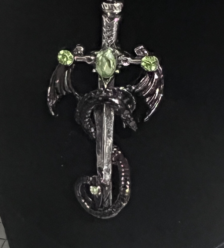 Metal Dragon Sword 2″ Pendant Prasiolite Green Stone 16-18″ Leather Necklace