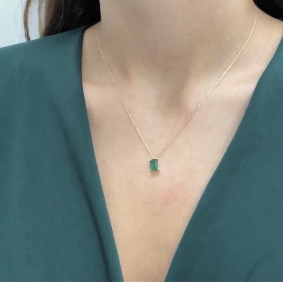 Emerald Rectangle Necklace 14K Solid White Gold, 16in (40cm) Chain Length