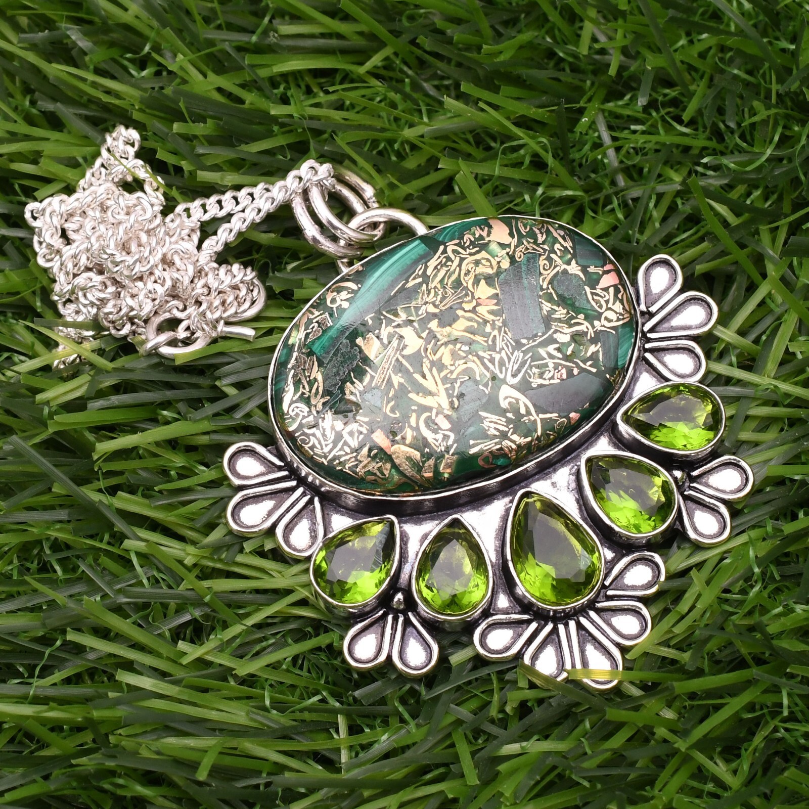 Copper Malachite 925 Sterling Silver Gemstone Handmade Jewelry Pendant 2.15″